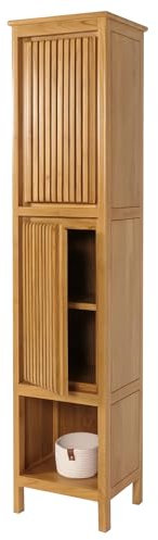 Mendler Teak-Hochschrank HWC-M70, Badschrank, 2 Türen 5 Fächer, hochwertiges B-Grade-Teak (Kernholz, 20-30 Jahre) 181x41x35cm