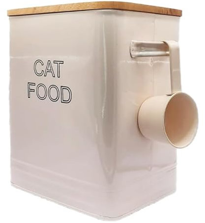 Cat Food Storage Tin with Wooden Lid with Scoop Non Slip Pads Cream