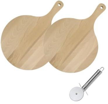 Fackelmann 9924250 Pizzabretter und Pizzaschneider aus Edelstahl, ovaler Griff, Holzbrett, Schneidebrett, Pizzaschneider, Pizzaschneider aus Edelstahl, Pizza 4 Käse, Pizza, Haus, Holz, Edelstahl, 30