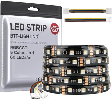 BTF-LIGHTING RGBCCT 5 Farben in 1 5050SMD LED Streifen DC12V 5M 60LEDs/m 300LEDs RGB+Warmweiß+Kaltweiß Schwarz PCB IP65 Wasserdicht für Zimmer Küche Dekoration(Controller und Netzteil nicht enthalten)