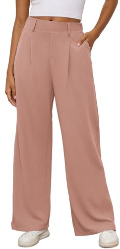 M MOTEEPI Hosen Damen Weite Hose Leder Rosa Palazzo Hose Stoffhose Elegant Freizeithose Weites Bein Damen mit elastischem Bund Business S
