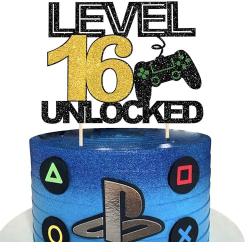 SYKYCTCY 1 Pack 16 Video Game Cake Topper Glitter Gaming Level Unlocked 16th Birthday Cake Pick Game On Controllers Cake Decoration for Boys Girls 16th Birthday Anniversary Party Decoration Supplies