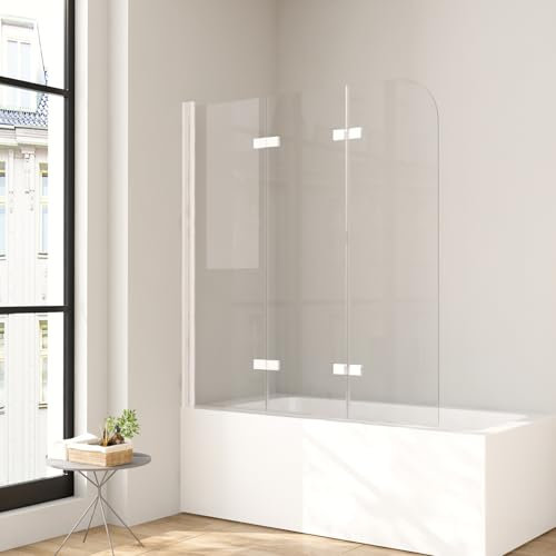Duschwand für Badewanne 120 x 140 cm Weiß Badewannen Duschwand 3-teilig Duschfaltwand für Badewanne aus Gehärtetem Sicherheitsglas mit NANO Beschichtung,Leicht zu Reinigen