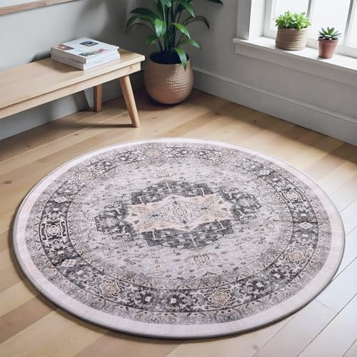 Carvapet Waschbarer runder Teppich 120 cm Rutschfester Grauer Teppich Bereich Kreis Retro-Medaillon-Bodenteppich für Wohnzimmer, Schlafzimmer