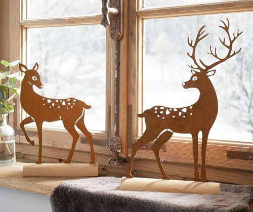 Dekoleidenschaft 2X Dekofigur REH & Hirsch aus Metall mit Echt Rost, auf Holz-Sockel, Weihnachtsdeko, Rostdeko