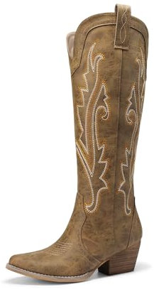 DREAM PAIRS Stivali da Cowboy Alti Fino al Ginocchio con Cerniera Laterale da Donna, Comodi Tacco Grosso Retrò Stivali da Cowgirl Western Ricamati,Size 43,Abbronzatura,DWUMKB2501