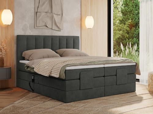 MKS MEBLE Boxspringbett 180x200 elektrisch verstellbar 7-Zonen Taschenfederkern Matratze und Topper Bett 180x200 mit Motor Polsterbett Motorbett - Comforto - Dunkelgrau Strukture - H3