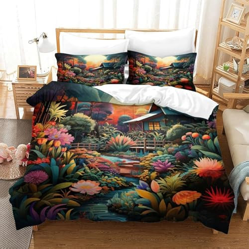 Bettwäsche 155X200 cm 3D Dorflandschaft Bettbezug Weiche Kuschelig Atmungsaktive Mikrofaser Bettwäsche Set Kinder Dekorativ Bettbezüge Mit Reißverschluss Und 2 Kissenbezug -647N264A032F