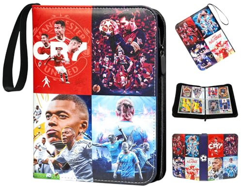 Oirigaga Fussball Sammelkarten Album mit 4 Taschen 50 Seiten und Reißverschluss Tragegriff für 400 Karten, Fußball Karten Sammelalbum Sammelmappe Sammelheft, Karten Heft Ordner, Wasserdicht PU-Leder