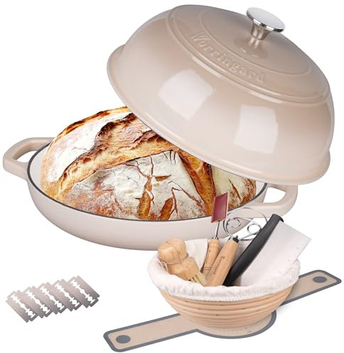 VORRINGARD Cast Iron Dutch Oven Pot with Lid for Bread Baking - incl. Sourdough Bread Baking Supplies like Banneton Bread Proofing Basket, Bread Oven 6 QT, Latte
