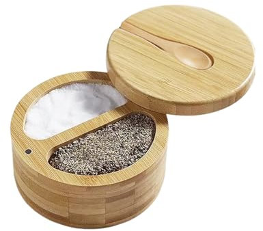 Onperpoe Bambus Salzdose Salzbehälter mit Magnetischem Schwenkdeckel und Löffel Bambus-Salzkeller und Salz Aufbewahrung Box mit zwei Fächern Behälter für Küchen Aufbewahrung von Salz Pfeffer Kraut