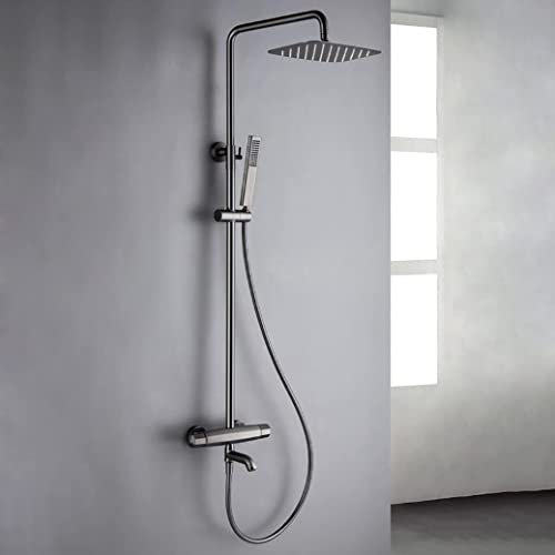 Set doccia senza rubinetto, Sistema Doccia, Ottone Grigio Pistola Termostatico Tre Funzioni Set Doccia Miscelatore Deviatore Vasca Rubinetto Con Altezza Regolabile Soffione E Rubinetti Vasca, Set Docc