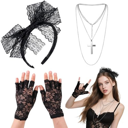 TUONYIS Lot de 3 accessoires de déguisement des années 80, accessoires pour femme, bandeau en dentelle, gants, collier, vintage pour fête rétro pour femme, Noir