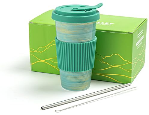 TIANNA VALLEY Travel Coffee Mug Light Green, Tasse à café en céramique avec couvercle et paille (15oz/450ml), Tasse de voyage fantaisie fabriquée à la main, gobelet avec couvercle allant au