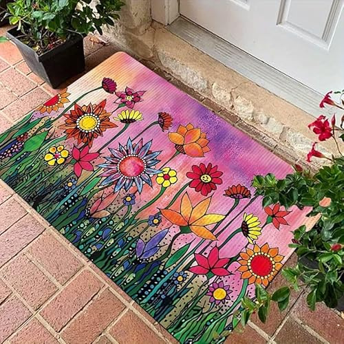 Fußmatte 80x120 cm Lila Orange Blumen Fussmatte Aussen Fussmatte Innen Weich Waschbar rutschfeste Schmutzfangmatte für Flur Haustiere Türmatte Heimdekoration Fussabtreter