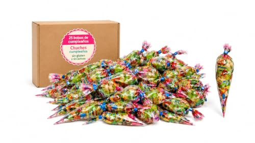 25 Bolsas Conos Chuches Cumpleaños Sin Gluten Infantil Fiesta Golosinas | Sin lactosa, envueltas individualmente, colores vivos, festivo, ideal comuniones, bautizos, piñatas, listas para repartir