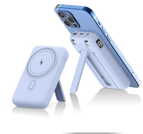 JVGoal Magnetic Power Bank 10000mAh 22.5W PD Fast Charging 5 Outputs Portable Charger with Built-in Cables Wireless Phone Charger Compatible with iPhone 17/16/15/14/13/12 Series (Blue)