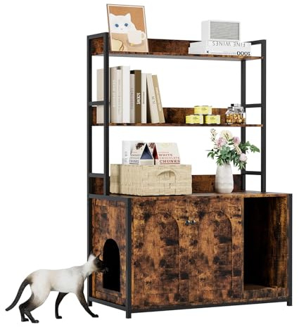 Katzenschrank für Katzentoilette, Katzenklo Schrank mit 2 Ebenen Regalen & 1 Arbeitsplatte, Katzenhaus für Große Katzen 132x45x90cm, Katzenhöhle mit Magnetischen Türen Separate Trennwand, Braun