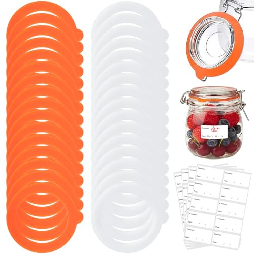 32 PCS Joint Bocaux En Silicone, avec 4 Autocollants, 69 x 97mm Interchangeables Joints de Bocal, Bocaux à Bonbons Remplacement pour Couvercle à Pince en Verre(orange, blanc)