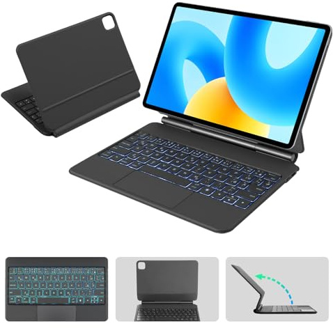 Suoxiom Teclado con Funda Magnética para iPad 10ª Generación 10,9 (2022) & 11ª Generación A16 2025 11, Touchpad, Layout Bilingüe Inglés-Alemán, Soporte Flotante, Retroiluminación 7 Colores