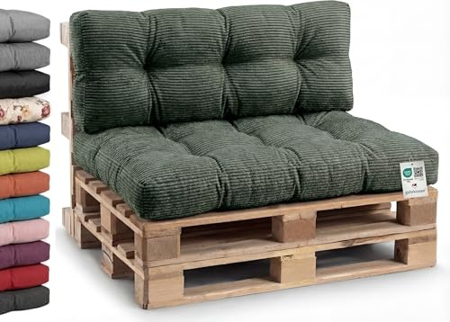 Gutekissen® Palettenkissen Cord, Gartensofakissen, Gesteppte Kissen gefüllt mit granuliertem Poulirette-Schaum PPI (Sitzkissen 120x80, Grün-Cord)