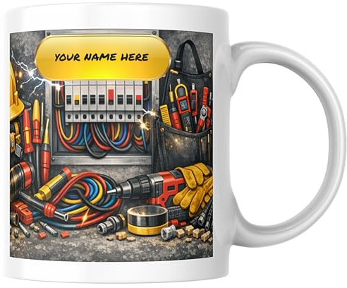 Personalised Electrician Mug – Custom Name Gift for Electricians – Electrician Tools Design – Practical Tradesman Coffee Cup – Birthday, Work Gift, Apprentice Present