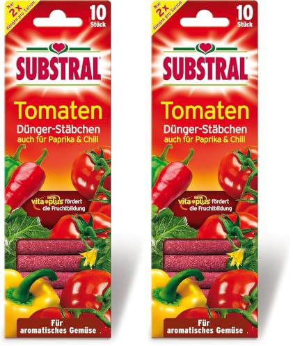Substral Dünger-Stäbchen für Tomaten, Chili, Peperoni, Gurken, Zucchini und Paprika, etc., mit Langzeitwirkung, 10 St. (Packung mit 2)
