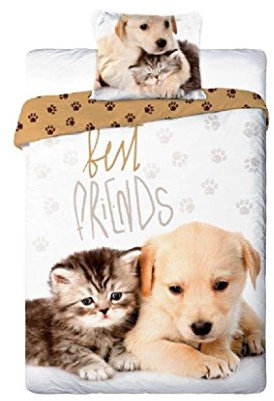 Best Friends Cucciolo Cane Gatto Set Lenzuola Letto Singolo, COPRIPIUMINO 160x200 COTONE Biancheria Da Letto