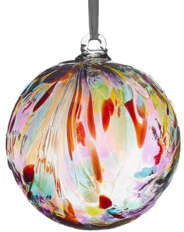 Sienna Glass 10cm Hanging Friendship Ball – Handcrafted Multicoloured Mouth-Blown Glass Ornament with Feather Design – Unique Gift Boxed Decoration for Windows, Gardens, Memorials, Birthdays