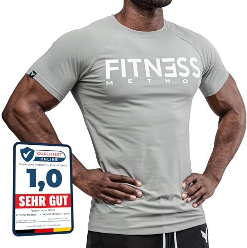 Fitness Method, Sport T-Shirt Herren, Slim-Fit Shirt bequem & hochwertig Männer, Rundhals & Tailliert, Training & Freizeit, Gym & Casual Workout Mann, Baumwolle, Elastan (Grau-Weiß, M)