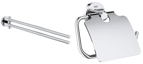 GROHE Essentials | Badaccessoires - Handtuchhalter | 40371001 & Essentials | Badaccessoires - WC-Papierrollenhalter | mit Deckel, chrom | 40367001