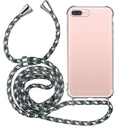 MyGadget Funda para iPhone 7 Plus | 8 Plus - Carcasa con Cuerda en Silicona TPU Suave con Cordón - Case y Correa Adjustable - Negro Camuflaje
