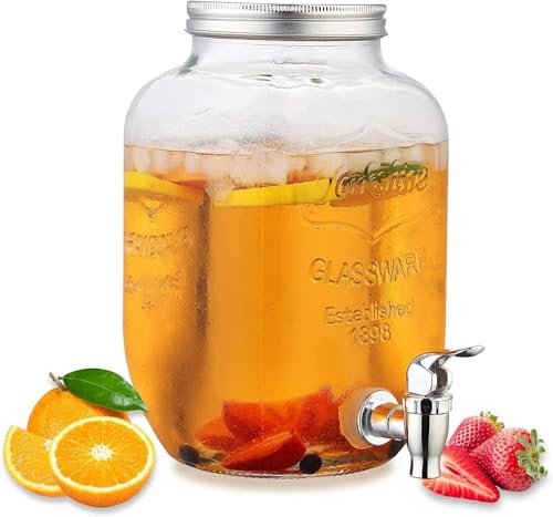 AllClearanceUK Glass Drinks Dispenser Mason JAR Home Outdoor Picnic BBQ Parties with TAP & Metal Mug jar Set with Stand Summer Party Glass Bottles 8L