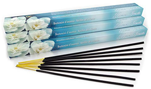 Premium Räucherstäbchen Jasmin: natürlich traditionell aus Indien in fairer Herstellung. Großpackung mit 10 Boxen = 80 Stück je 45min. Blumiger Duft zur Entspannung