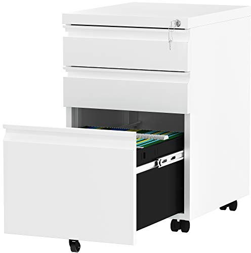 YITAHOME Mobiler Aktenschrank, Abschließbar Rollcontainer mit 3 Schubladen für A4, Legal, Letter, Metall Büroschrank mit Rollen für Home-Office, 46 x 39 x 62cm, Weiß