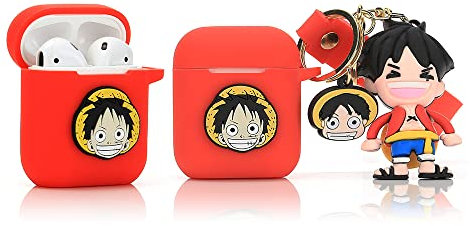 Derhom Silikon Niedliche Lustige Abdeckung Kompatibel mit Apple Airpods 1&2 [Cartoon Belt Doll-Serie] (Luffy)