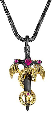 Cherbijou Dragon Sword Necklace Cool Jewelry for Men Brass Punk Monster Wing Necklace Silver Sword and Black Dragon Cross Pendant with Birthstone, 30*60MM, Copper Cubic Zirconia, Ruby
