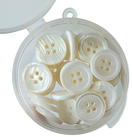 KShun 30 botones de nácar auténticos de 15 mm (4 agujeros) – El reemplazo estándar de botón de camisa – blanco natural con brillo perlado para camisas de vestir y blusas