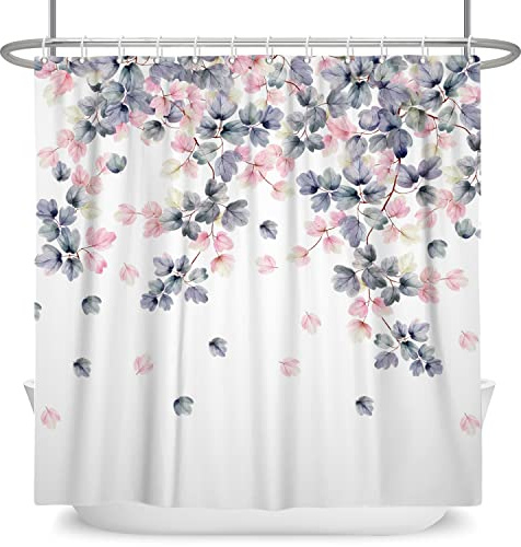 SDOTPMT 150x180cm Rosa Grau Blumendusche Vorhang Frühling Boho Vintage-Stil Romantisch Blühen Blumen Pflanzen Naturlandschaft Badevorhang für Badezimmer Badewannen Dekorationen mit Haken