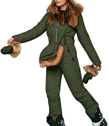 Poo4kark 3 Set Damen Winter Ski Overall Outdoor Sport Schneeanzug Kunstwolle Kragen Mantel Overall mit Hoodies Ski Jacken und Hosen (Army Green, M)