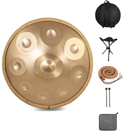 FYLZW Tambor De Acero para Handpan De 432 Hz 9 Notas Gold Performer De 22 Pulgadas En Re Menor con Soporte para Handpan, Estuche para Handpan, Mazos Duraderos Y Paño Antipolvo