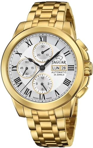JAGUAR Swiss Made Uhr Automatik Herren aus Edelstahl 316L Goldfarben | Analog, Kalender, Widerstandsfähiges Saphirglas, Wasserdicht 10 ATM J979/1, Silberfarbenes Zifferblatt, Hypoallergen