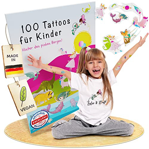 Lulu&Bubi® 100 NATÜRLICHE KINDERTATTOOS GEMISCHT I DERMATOLOGISCH-EXCELLENT I Wasser Tattoo inkl. Malvorlagen, Kinder Tattoos auf Basis von Pflanzenölen, Klebetattoos