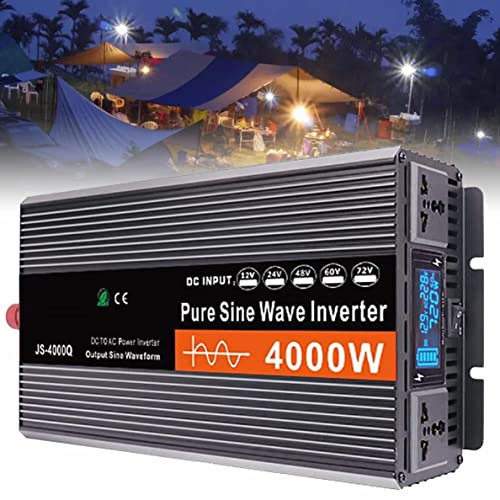 FENGSSLL Convertisseur Pur Sinus 3000W 4000W 5000W 6000W Onduleur, Transformateur, 12V 24V 48V 60V vers 220V 230V, 2 Prises AC et Affichage à LED,4000W-12V