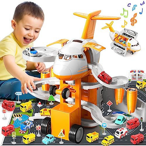 Transport Cargo Flugzeug Spielzeug für 2+ 3 Jahre alt,mit Musik und Licht Spielzeug Flugzeug Auto Spielzeug Spielset,mit 12 Fahrzeug Auto Spielzeug, Jungenspielzeug-Geschenke für 2 3 4 5 6+Jährige