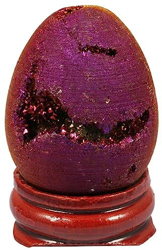 KYEYGWO Titan Beschichtet Achat Geode Ei Figur mit Holzständer, Oval Kristallkugel Skulptur Eiförmig Stein Fengshui Ornament Heilstein Druse Edelstein Cluster Haus Decor, Violett