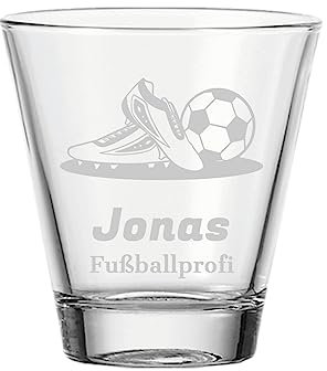 LUXENTU Kinderbecher Trinkglas mit Gravur, 215 ml, Wasserglas Kinderglas mit Fußball-Motiv & personalisierter Namensgravur für Kinder, Spülmaschinengeeignet, Fußball & Schuhe