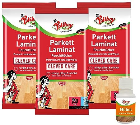 Paños húmedos para parquet de Políboy, para limpieza y cuidado de parqué, 3 x 15 toallitas, con muestra de producto, fabricadas en Alemania