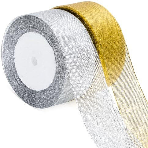 KINGLAKE Geschenkband Gold und Silber 44M, Goldenes Band, Organzaband, Weihnachtenband Organza, Schleifenband 4cm, Dekobänd, Satinband für Geschenk, Weihnachten und Hochzeits