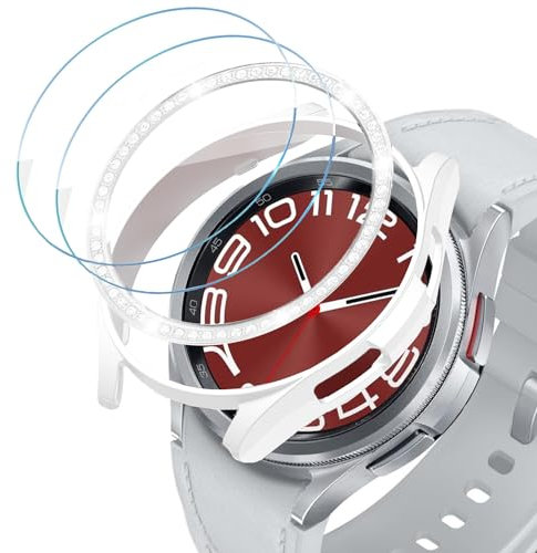 DEALELE [2+2 Pack Uhrengehäuse Kompatibel mit Samsung Galaxy Watch 6 Classic 43mm / 47mm, PC Schutzhülle + Glitzer Strass Bezel Ring + Schutzfolie aus Gehärtetem Glas, Weiß, 47mm